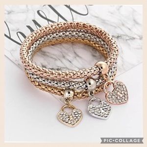 NWT Unique Silver, Gold & Copper Stretch Diamond Heart Chain Bracelets